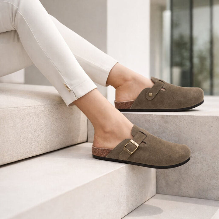 Suede Buckle Clogs | Adjustable Strap &amp; Comfort Footbed