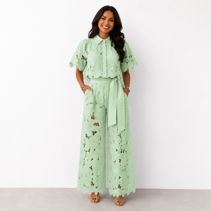 Isabella | Lace Crop Shirt &amp; Tie-Waist Trousers Set