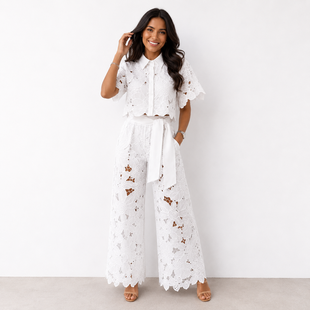 Isabella | Lace Crop Shirt &amp; Tie-Waist Trousers Set