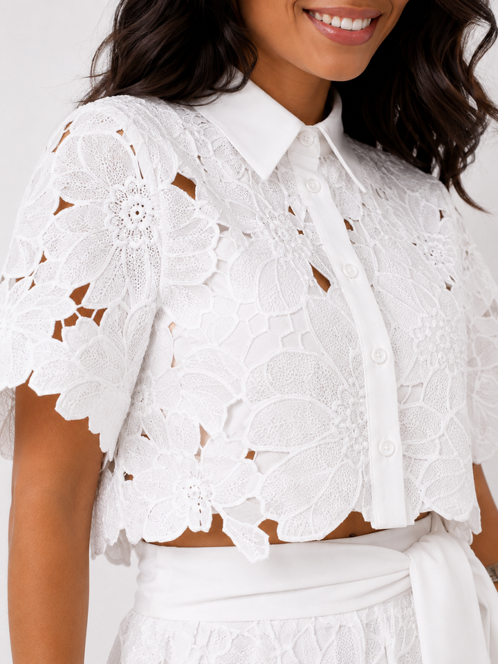 Isabella | Lace Crop Shirt &amp; Tie-Waist Trousers Set