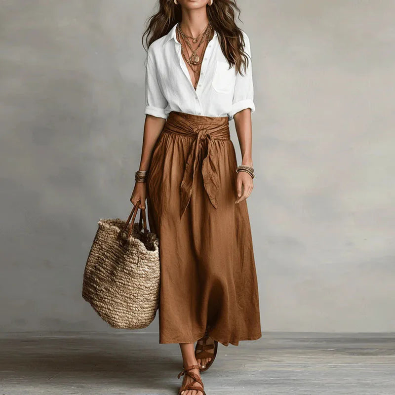 Jeanelle | Linen Shirt &amp; Tie-Waist Skirt Set