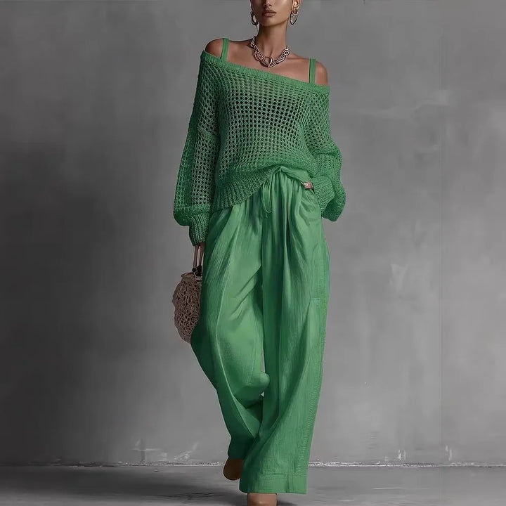 Claribel | Crochet Knit Top &amp; Wide-Leg Trousers Set