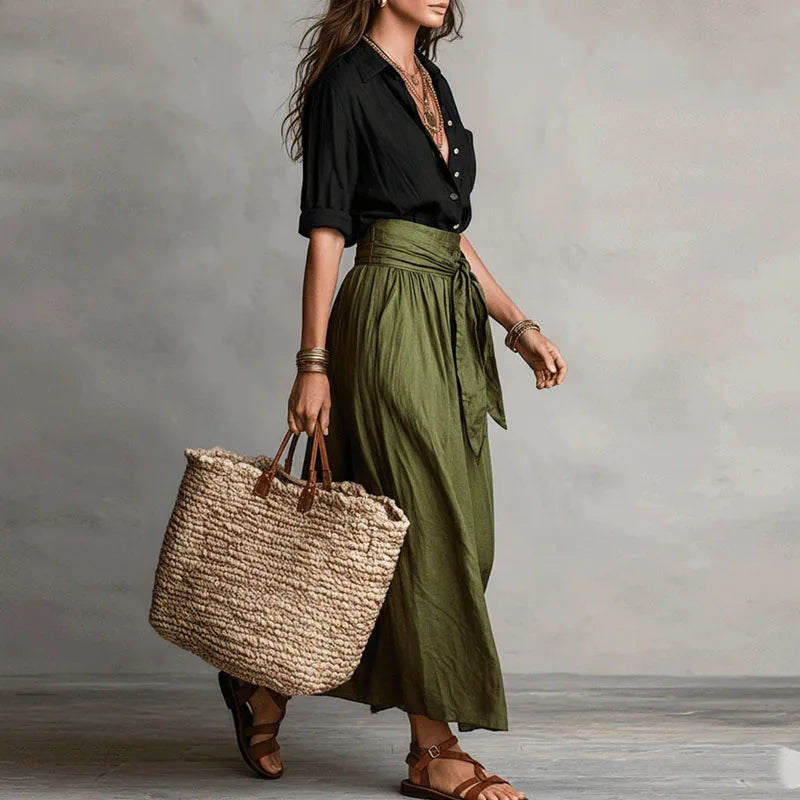 Jeanelle | Linen Shirt &amp; Tie-Waist Skirt Set