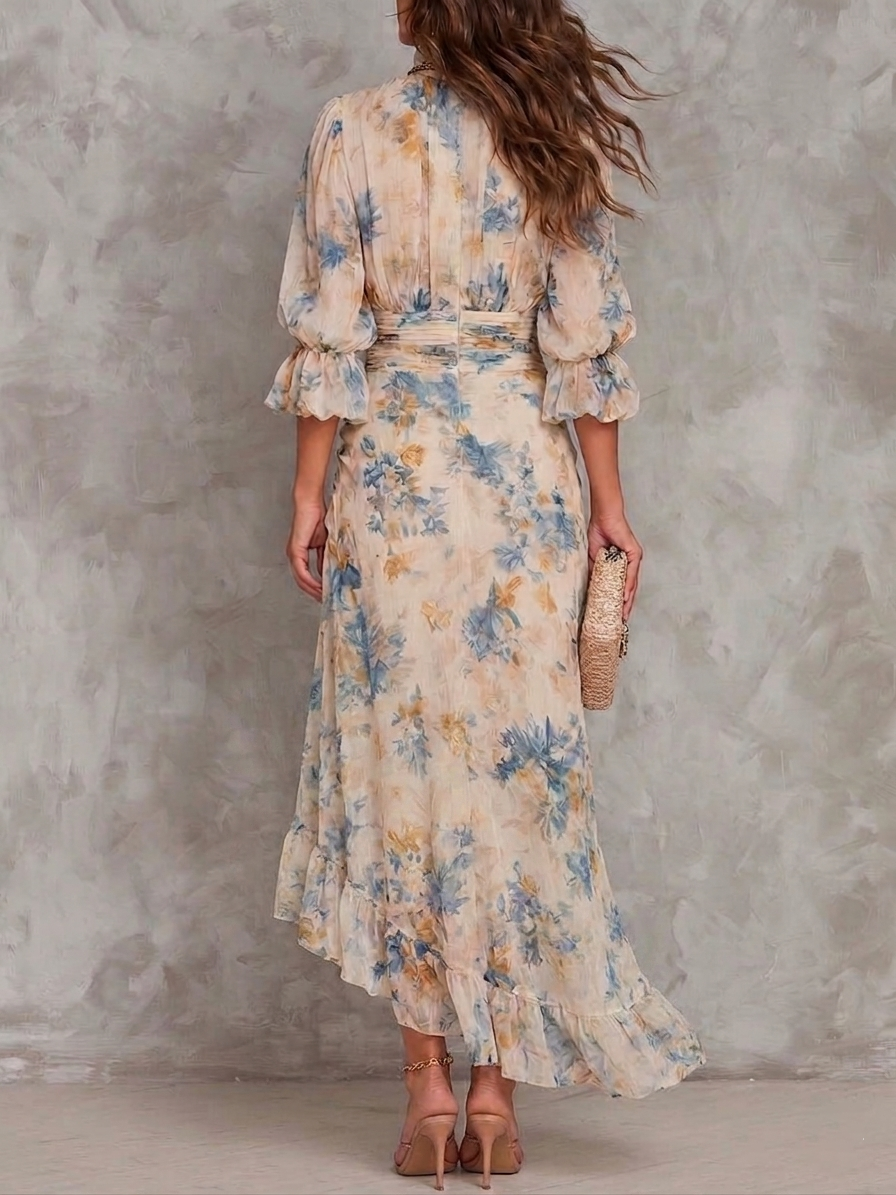 ALEXIA | Turtleneck Floral Print Chiffon Maxi Dress