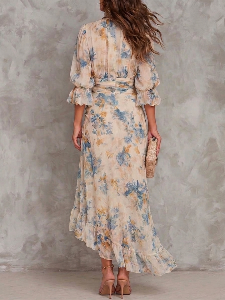 ALEXIA | Turtleneck Floral Print Chiffon Maxi Dress