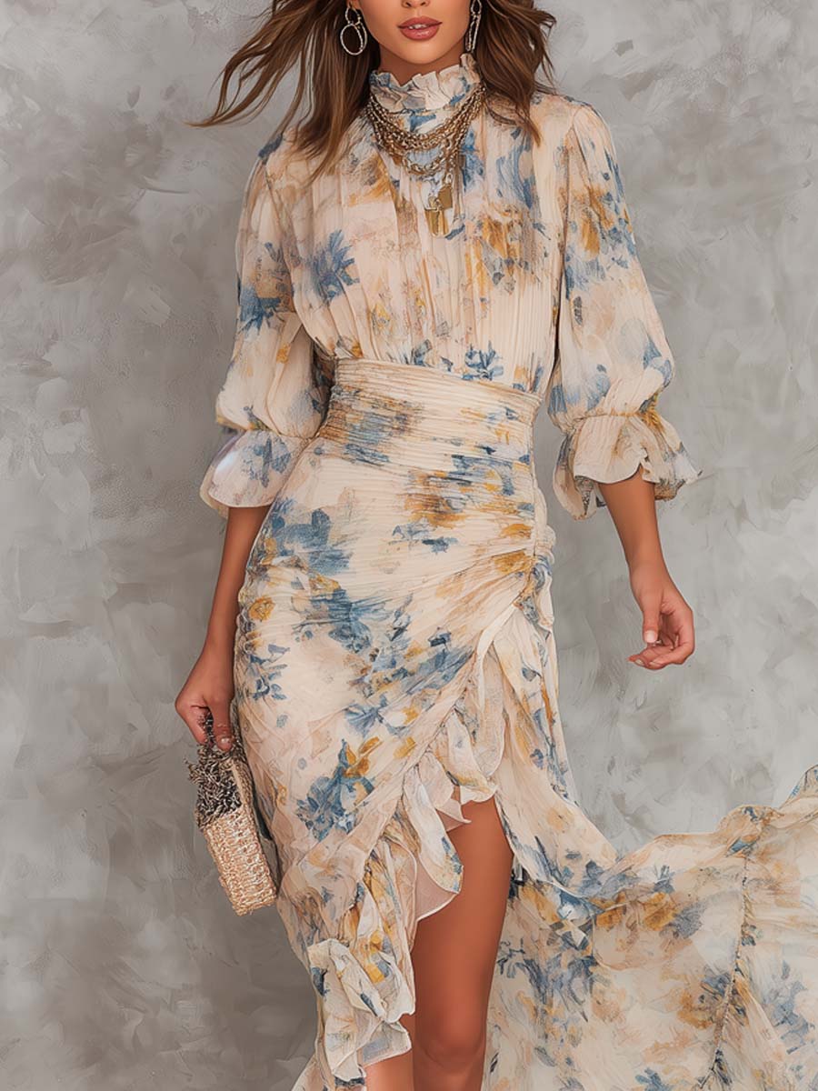 ALEXIA | Turtleneck Floral Print Chiffon Maxi Dress