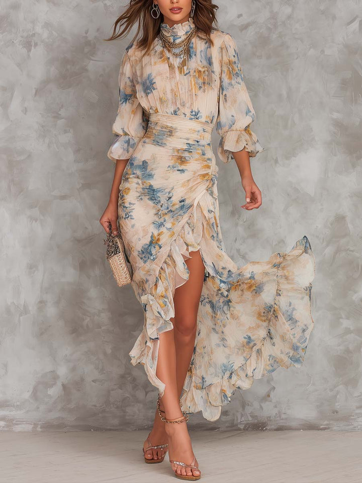 ALEXIA | Turtleneck Floral Print Chiffon Maxi Dress