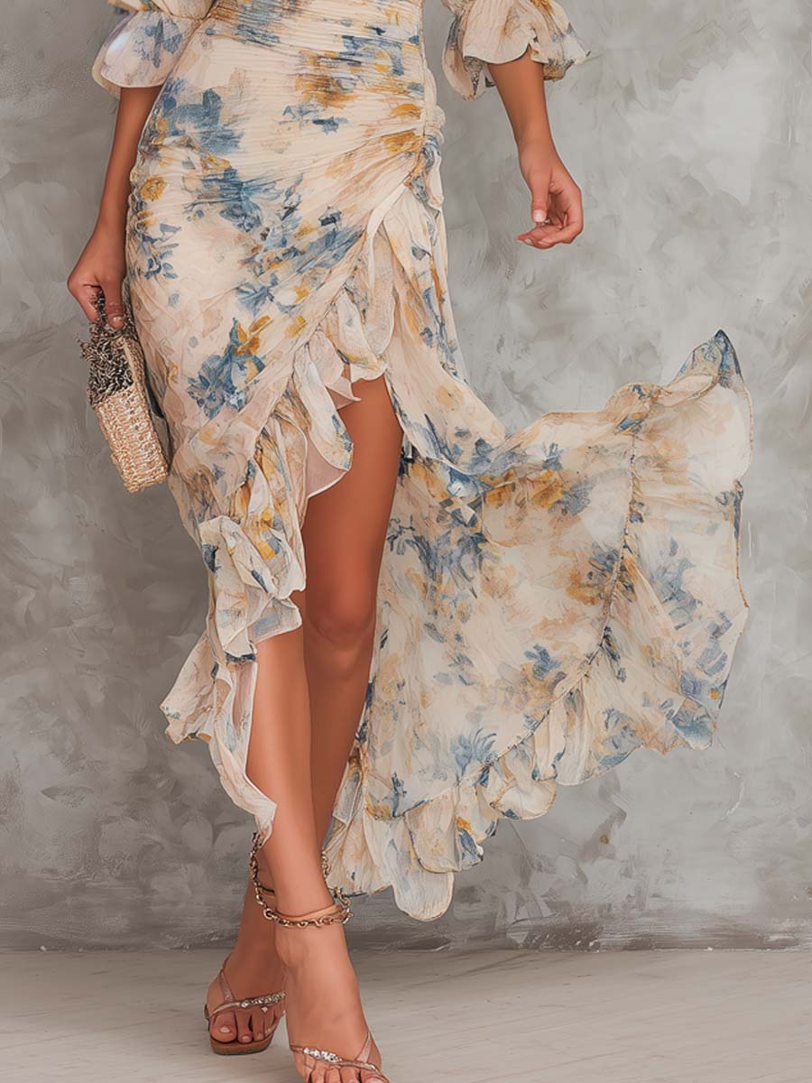 ALEXIA | Turtleneck Floral Print Chiffon Maxi Dress