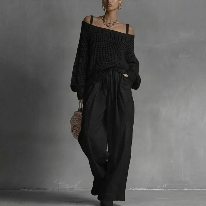 Claribel | Crochet Knit Top &amp; Wide-Leg Trousers Set