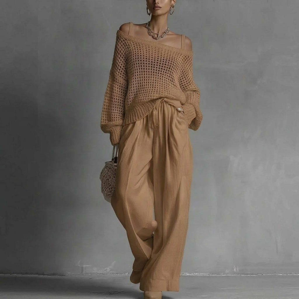 Claribel | Crochet Knit Top &amp; Wide-Leg Trousers Set