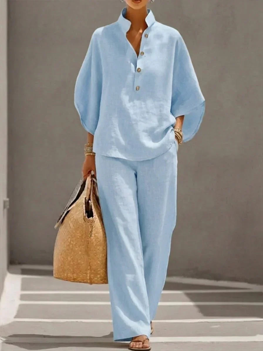MARIBEL™ | Linen Set with Batwing Sleeves and Wide Trousers