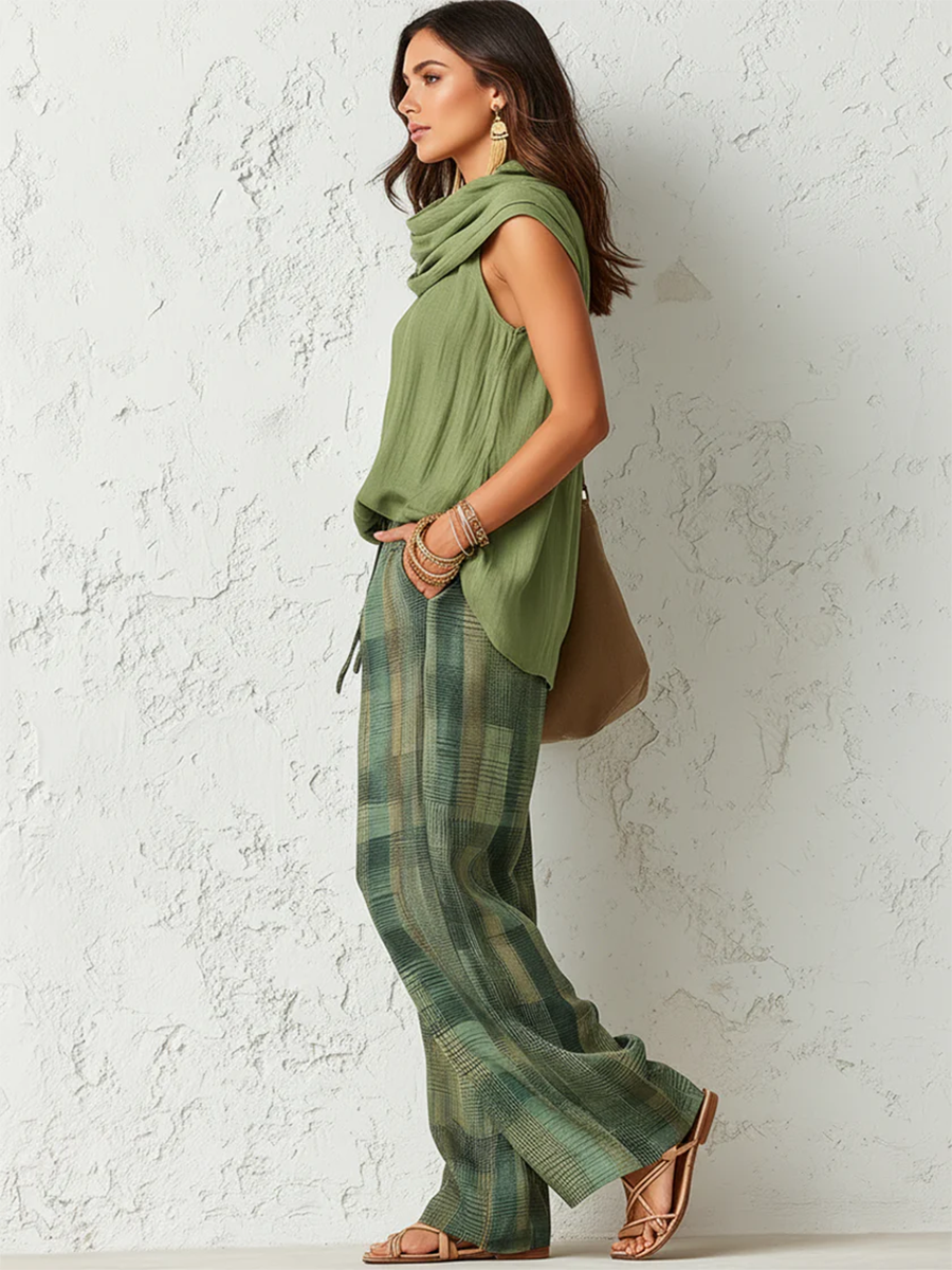Iris | Cowl Neck Top &amp; Plaid Wide-Leg Trousers Set