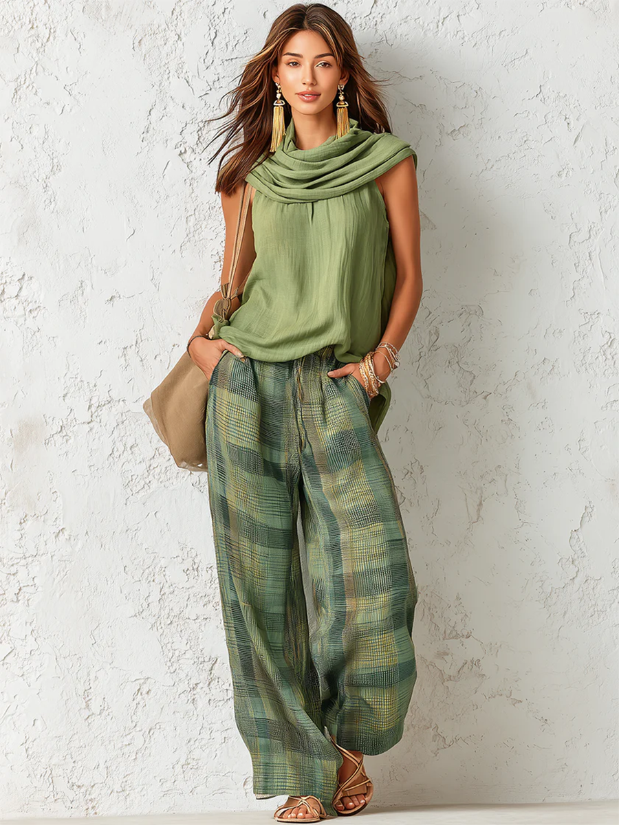 Iris | Cowl Neck Top &amp; Plaid Wide-Leg Trousers Set