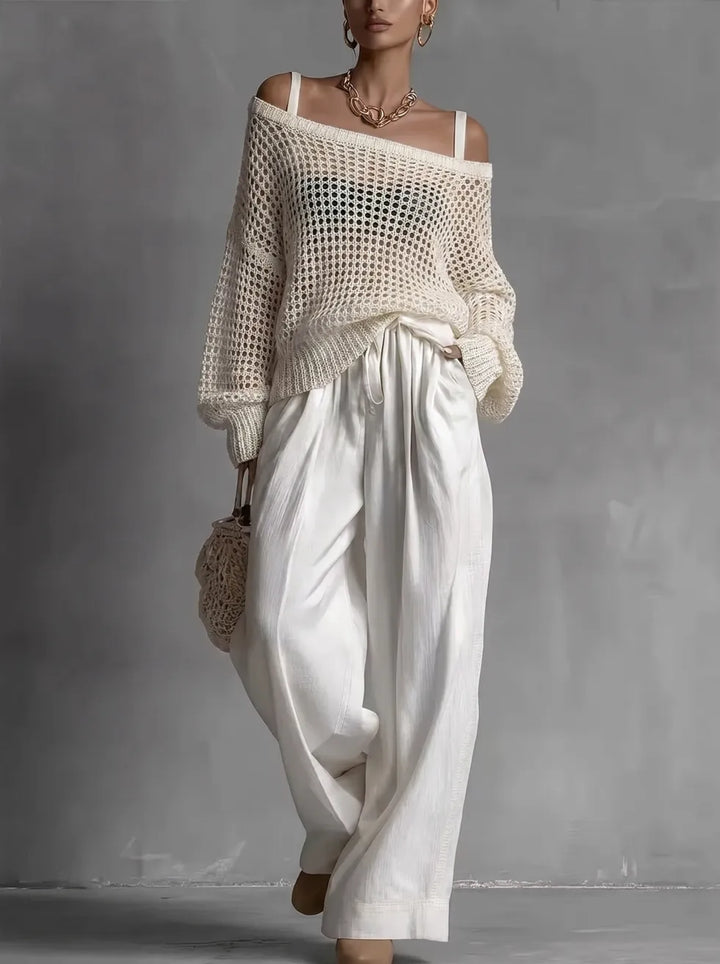 Claribel | Crochet Knit Top &amp; Wide-Leg Trousers Set